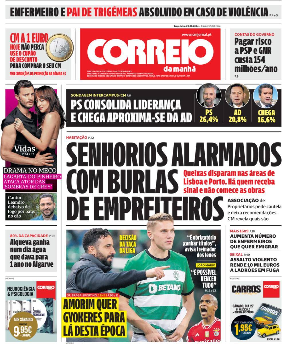 Correio da Manh&atilde;: Capa da Edi&ccedil;&atilde;o de ter&ccedil;a-feira, 23 de janeiro 2024