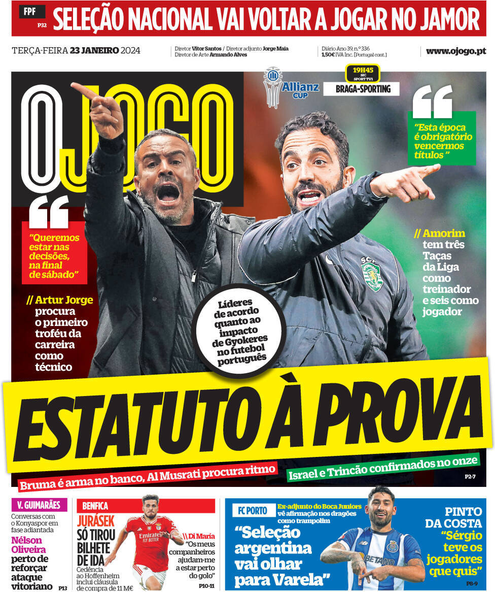 O Jogo: Capa da Edi&ccedil;&atilde;o de ter&ccedil;a-feira, 23 de janeiro 2024