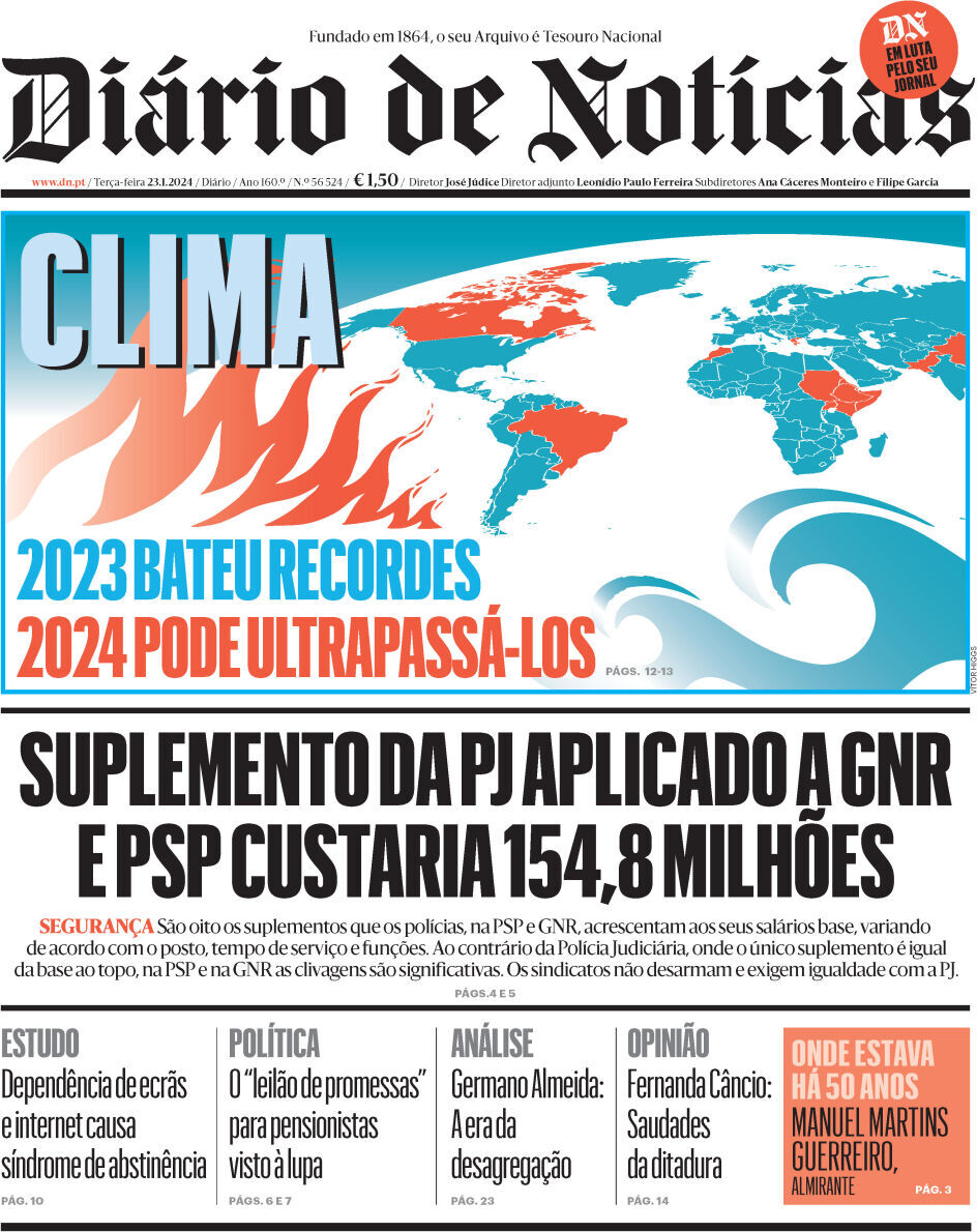 Di&aacute;rio de Not&iacute;cias: Capa da Edi&ccedil;&atilde;o de ter&ccedil;a-feira, 23 de janeiro 2024