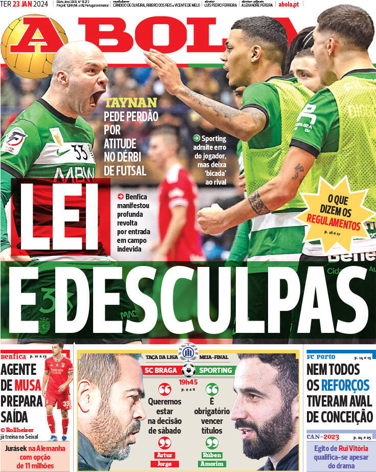 A Bola: Capa da Edi&ccedil;&atilde;o de ter&ccedil;a-feira, 23 de janeiro 2024