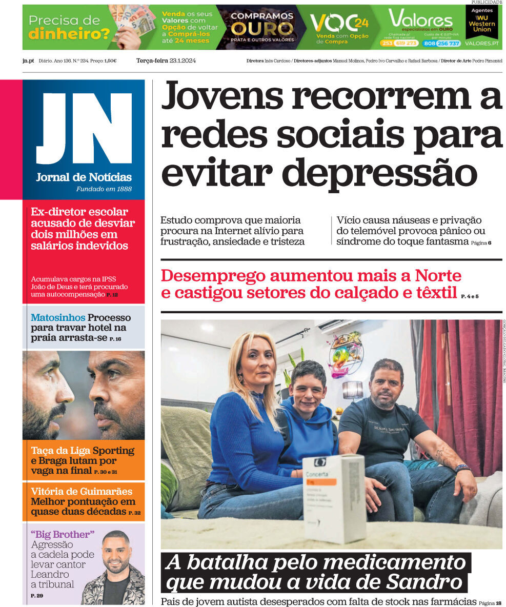 Jornal de Not&iacute;cias: Capa da Edi&ccedil;&atilde;o de ter&ccedil;a-feira, 23 de janeiro 2024