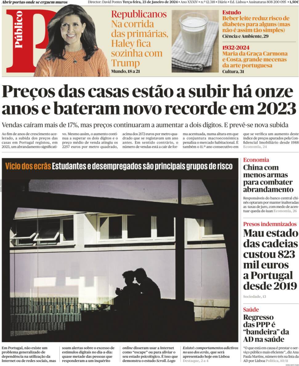 P&uacute;blico: Capa da Edi&ccedil;&atilde;o de ter&ccedil;a-feira, 23 de janeiro 2024