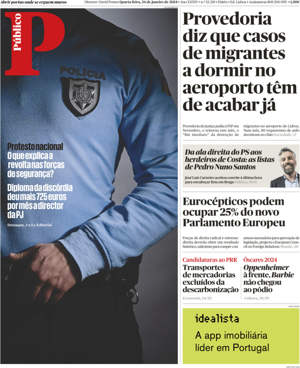 P&uacute;blico: Capa da Edi&ccedil;&atilde;o de quarta-feira, 24 de janeiro 2024
