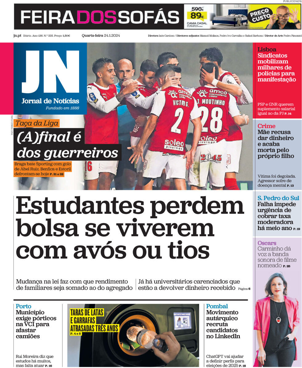 Jornal de Not&iacute;cias: Capa da Edi&ccedil;&atilde;o de quarta-feira, 24 de janeiro 2024