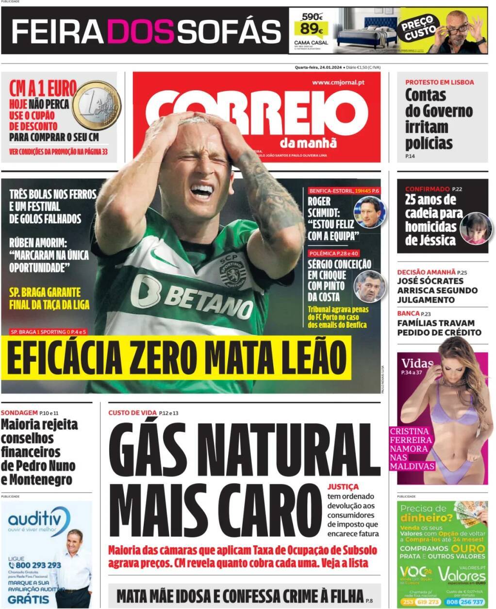 Correio da Manh&atilde;: Capa da Edi&ccedil;&atilde;o de quarta-feira, 24 de janeiro 2024
