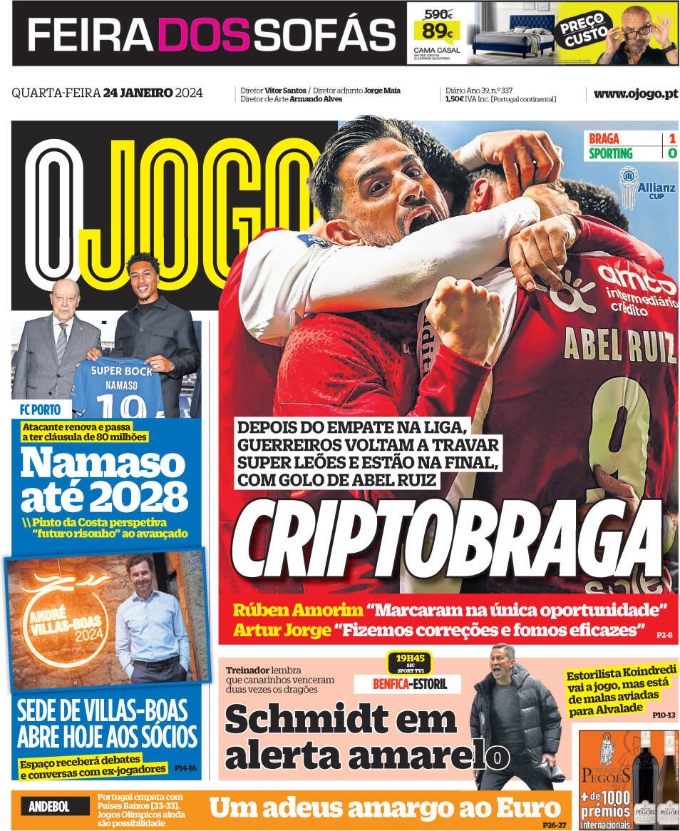 O Jogo: Capa da Edi&ccedil;&atilde;o de quarta-feira, 24 de janeiro 2024