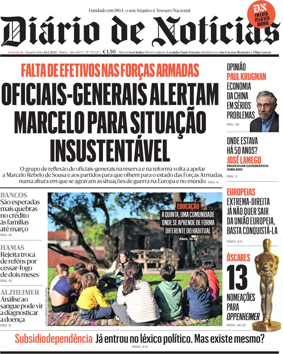 Di&aacute;rio de Not&iacute;cias: Capa da Edi&ccedil;&atilde;o de quarta-feira, 24 de janeiro 2024