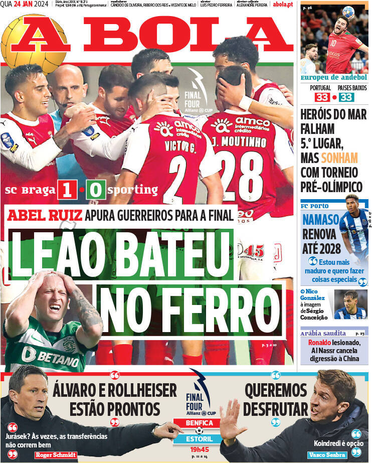 A Bola: Capa da Edi&ccedil;&atilde;o de quarta-feira, 24 de janeiro 2024