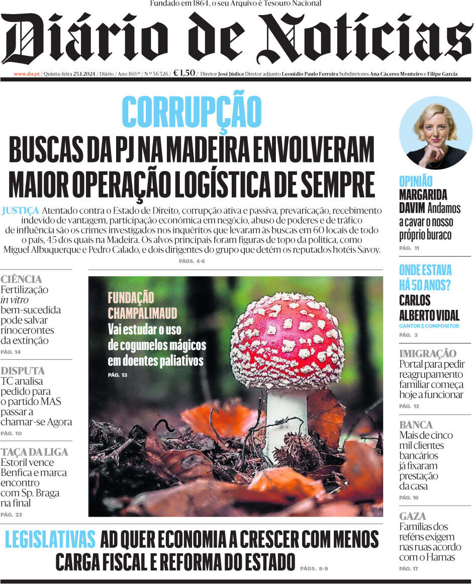 Di&aacute;rio de Not&iacute;cias: Capa da Edi&ccedil;&atilde;o de quinta-feira, 25 de janeiro 2024