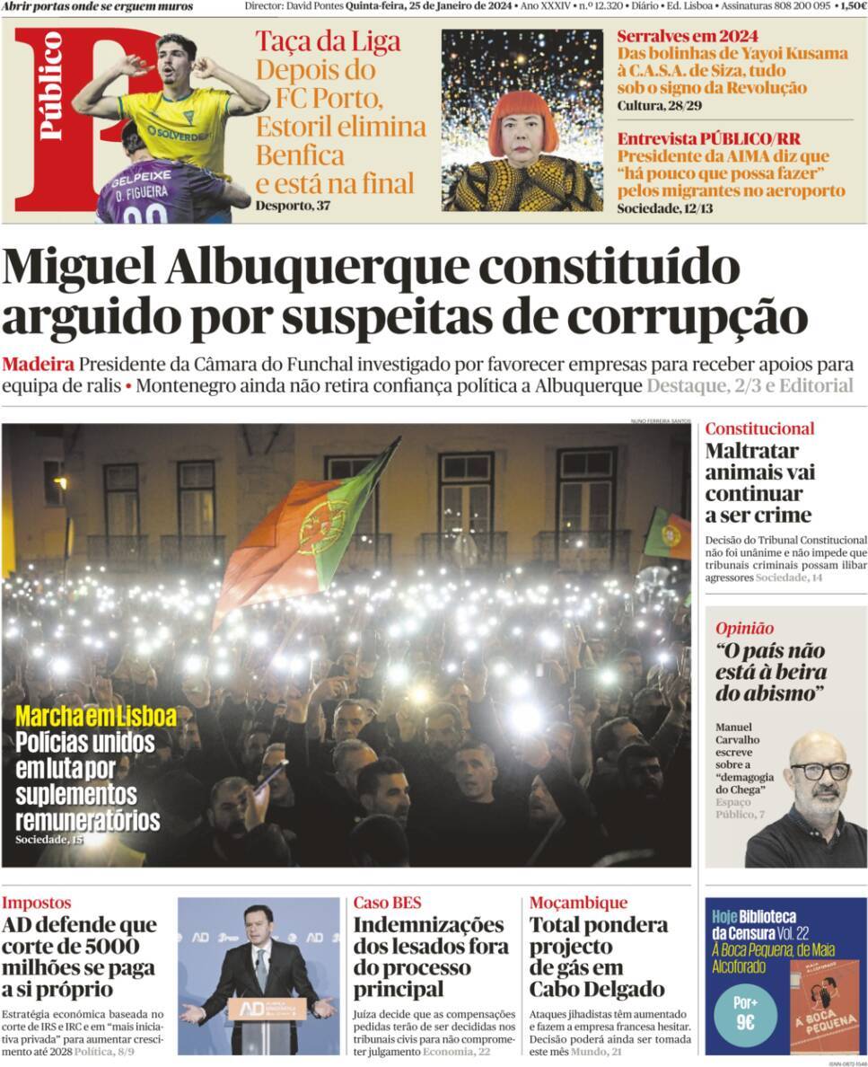 P&uacute;blico: Capa da Edi&ccedil;&atilde;o de quinta-feira, 25 de janeiro 2024