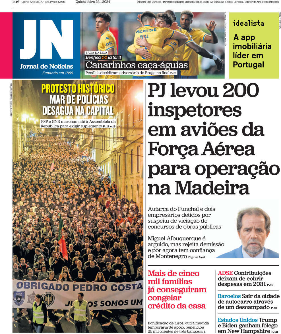 Jornal de Not&iacute;cias: Capa da Edi&ccedil;&atilde;o de quinta-feira, 25 de janeiro 2024