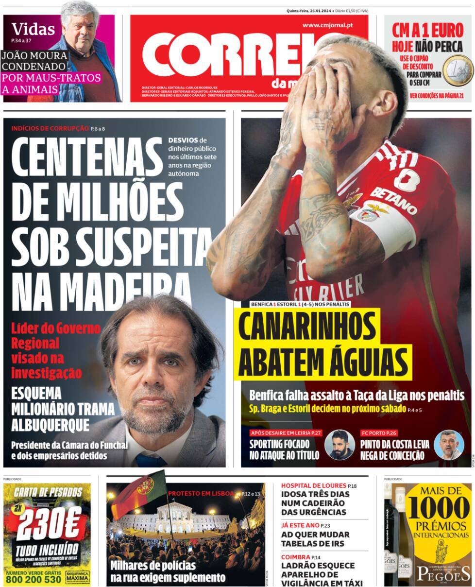 Correio da Manh&atilde;: Capa da Edi&ccedil;&atilde;o de quinta-feira, 25 de janeiro 2024