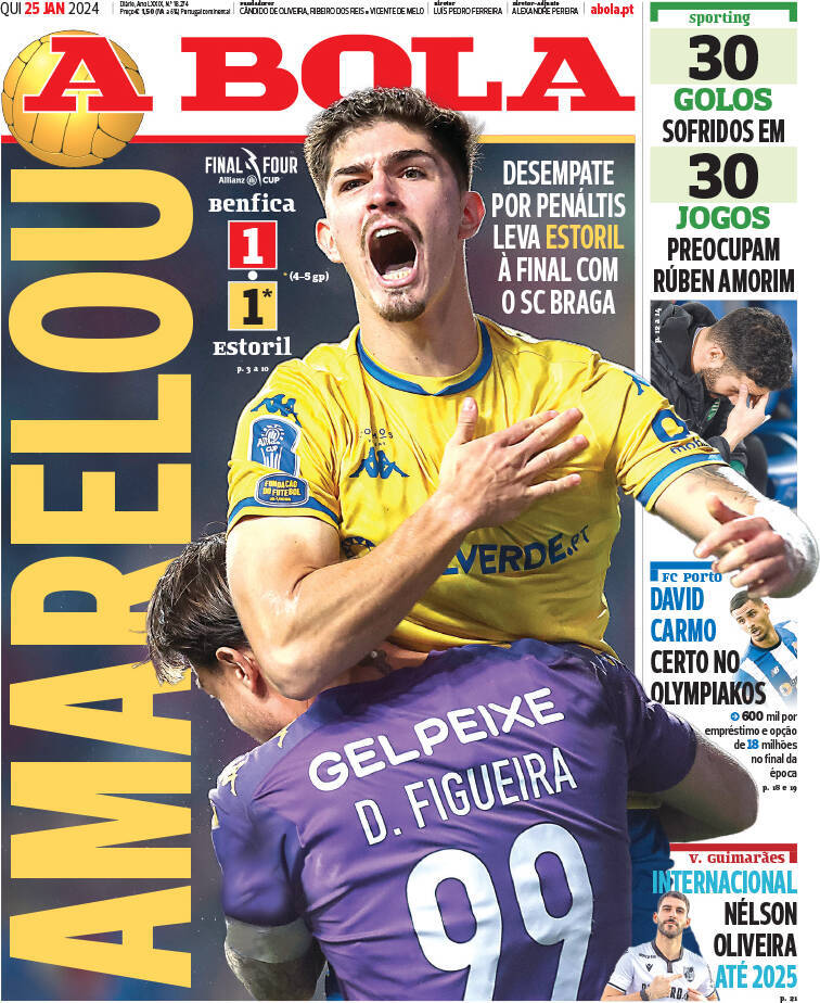 A Bola: Capa da Edi&ccedil;&atilde;o de quinta-feira, 25 de janeiro 2024