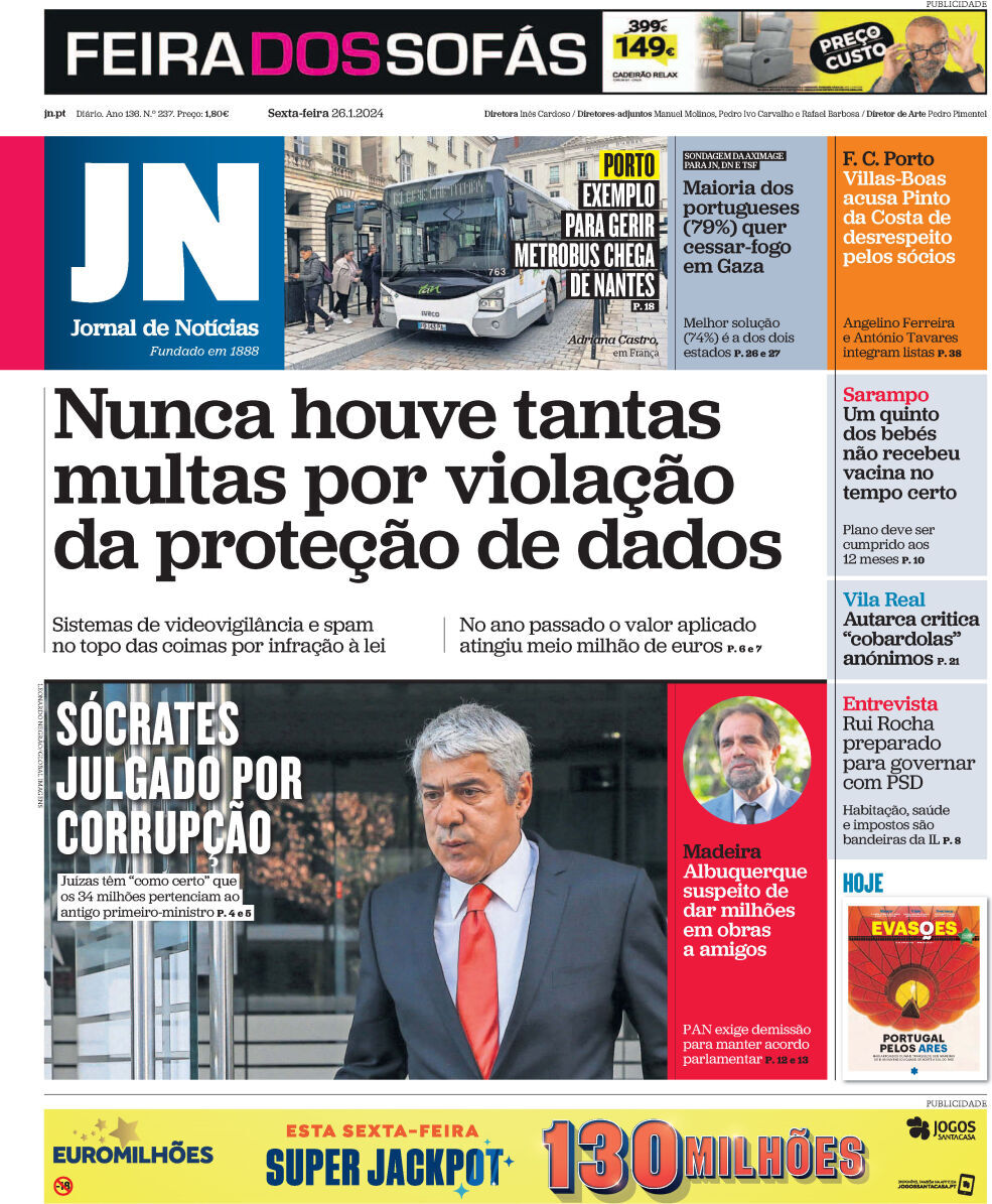 Jornal de Not&iacute;cias: Capa da Edi&ccedil;&atilde;o de sexta-feira, 26 de janeiro 2024