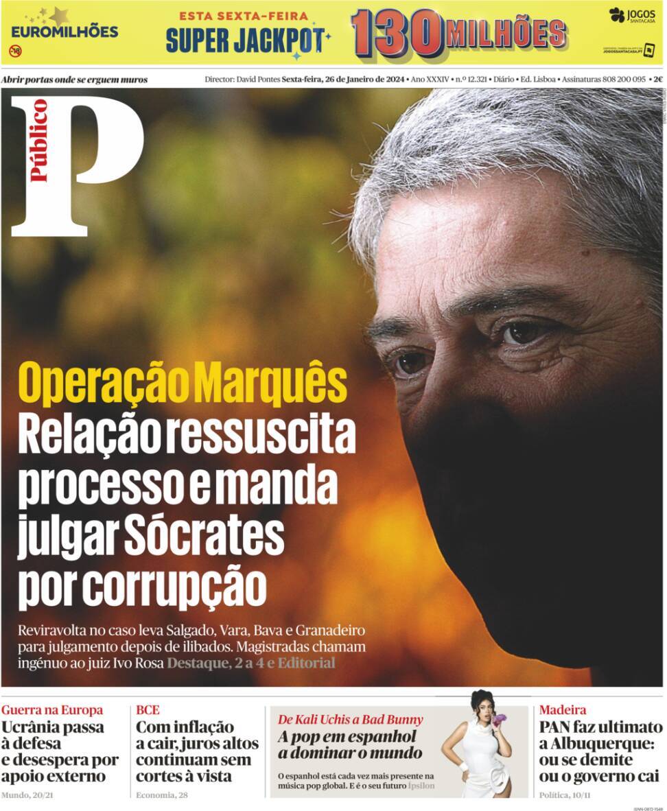 P&uacute;blico: Capa da Edi&ccedil;&atilde;o de sexta-feira, 26 de janeiro 2024