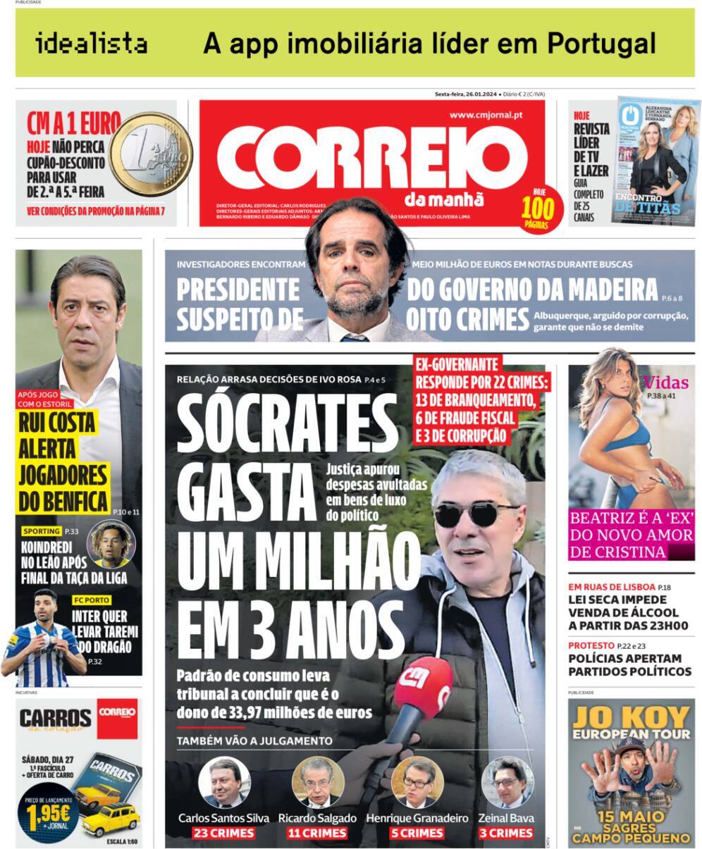 Correio da Manh&atilde;: Capa da Edi&ccedil;&atilde;o de sexta-feira, 26 de janeiro 2024