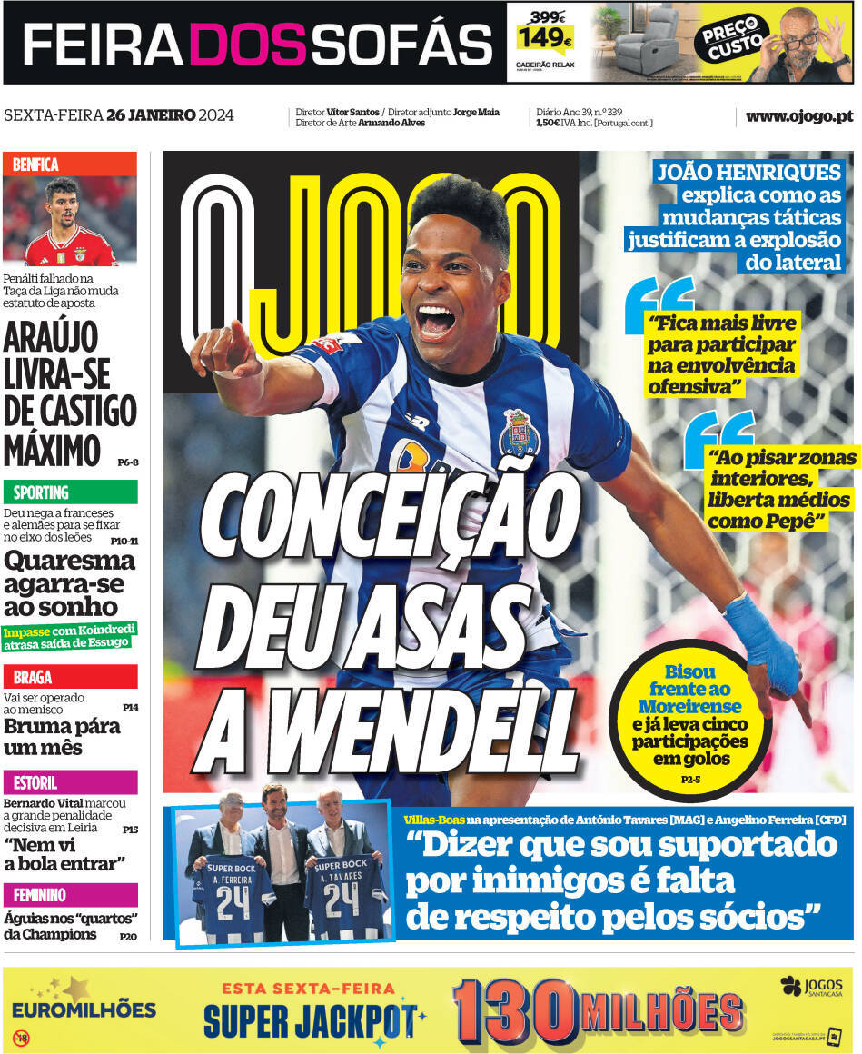 O Jogo: Capa da Edi&ccedil;&atilde;o de sexta-feira, 26 de janeiro 2024