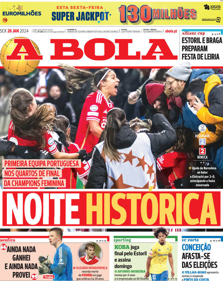 A Bola: Capa da Edi&ccedil;&atilde;o de sexta-feira, 26 de janeiro 2024