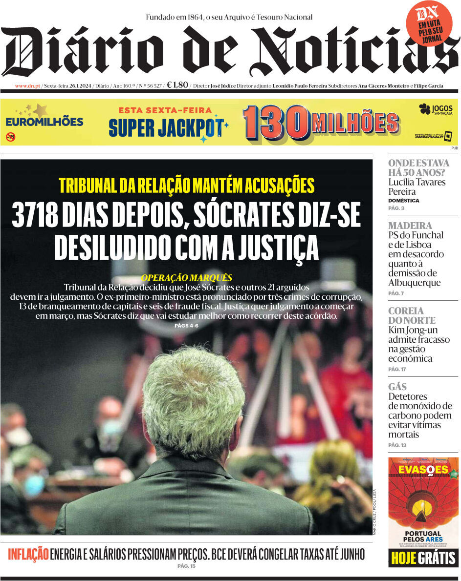 Di&aacute;rio de Not&iacute;cias: Capa da Edi&ccedil;&atilde;o de sexta-feira, 26 de janeiro 2024