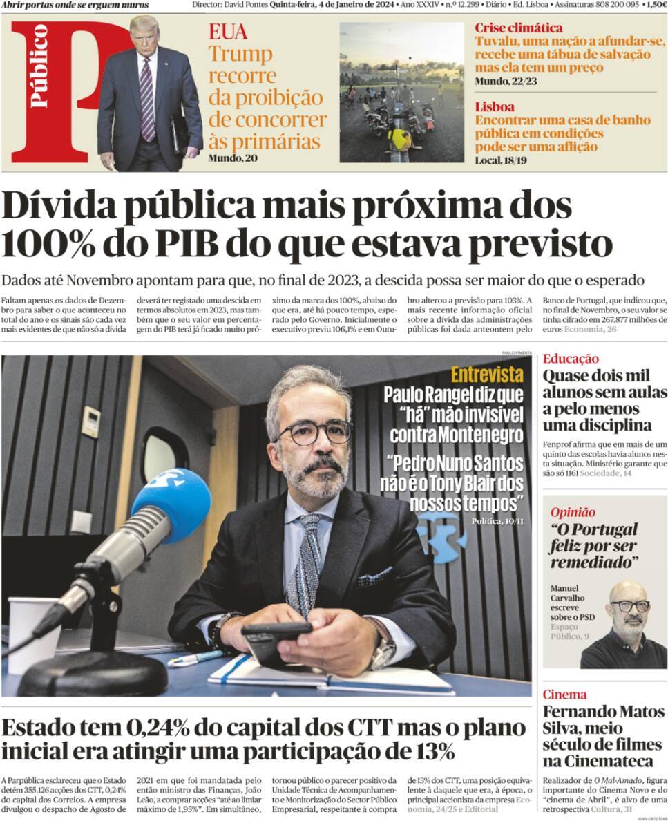 P&uacute;blico: Capa da Edi&ccedil;&atilde;o de quinta-feira, 04 de janeiro 2024