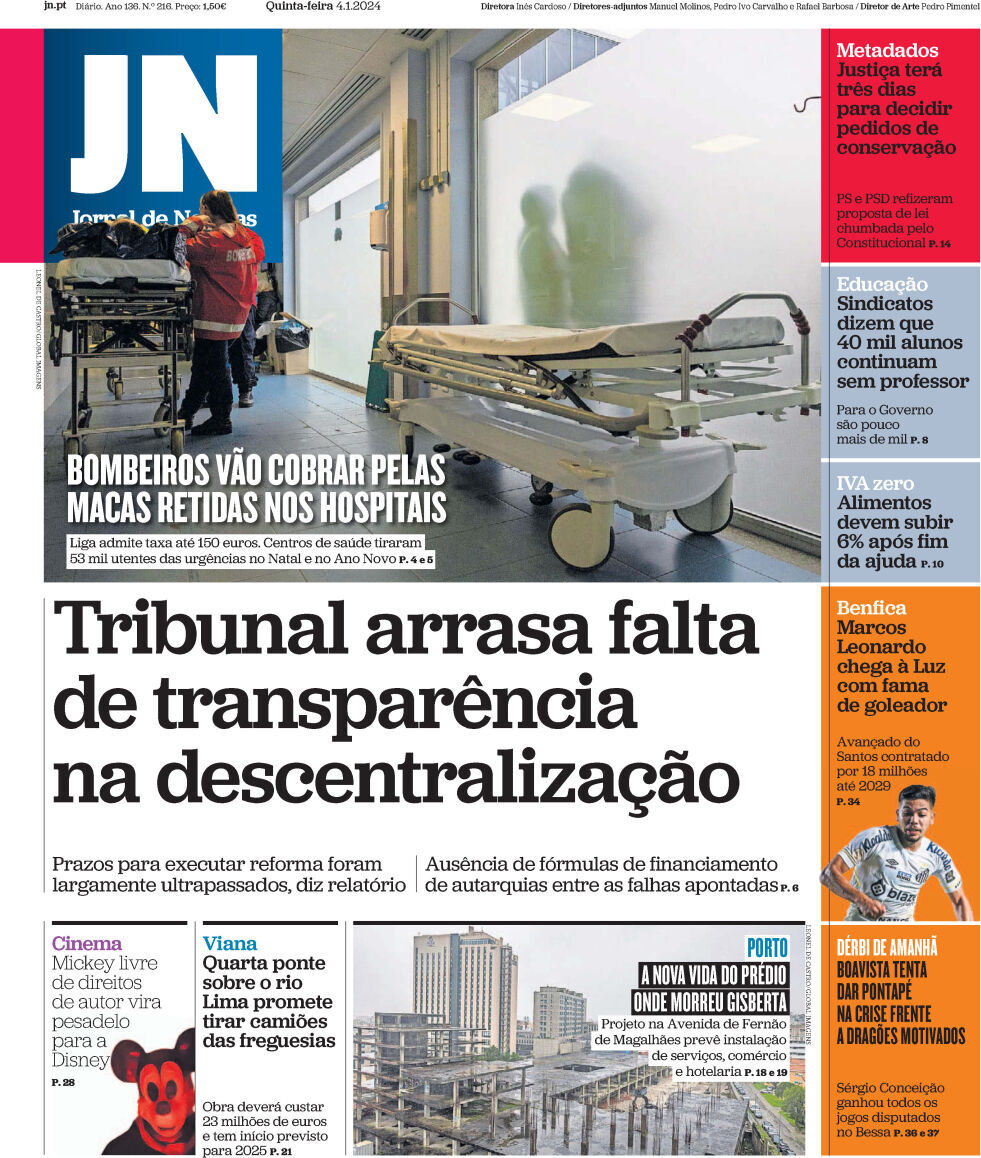 Jornal de Not&iacute;cias: Capa da Edi&ccedil;&atilde;o de quinta-feira, 04 de janeiro 2024