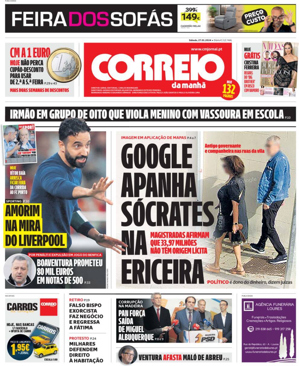 Correio da Manh&atilde;: Capa da Edi&ccedil;&atilde;o de s&aacute;bado, 27 de janeiro 2024