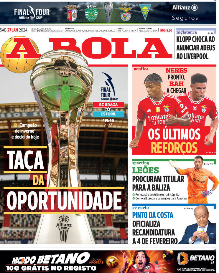 A Bola: Capa da Edi&ccedil;&atilde;o de s&aacute;bado, 27 de janeiro 2024