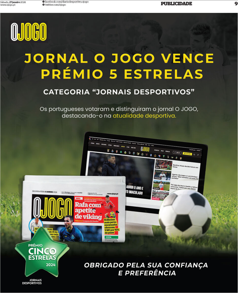 O Jogo: Capa da Edi&ccedil;&atilde;o de s&aacute;bado, 27 de janeiro 2024