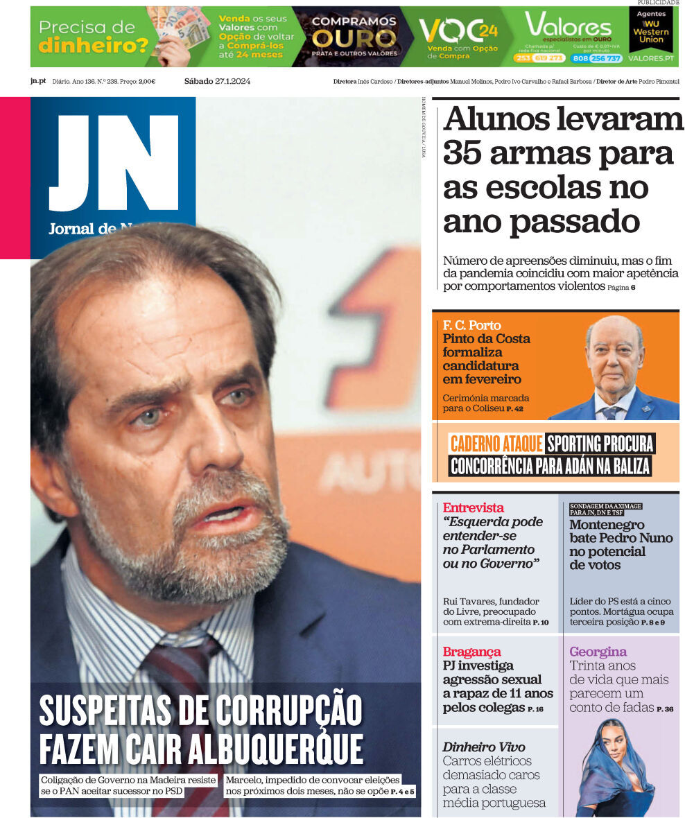 Jornal de Not&iacute;cias: Capa da Edi&ccedil;&atilde;o de s&aacute;bado, 27 de janeiro 2024