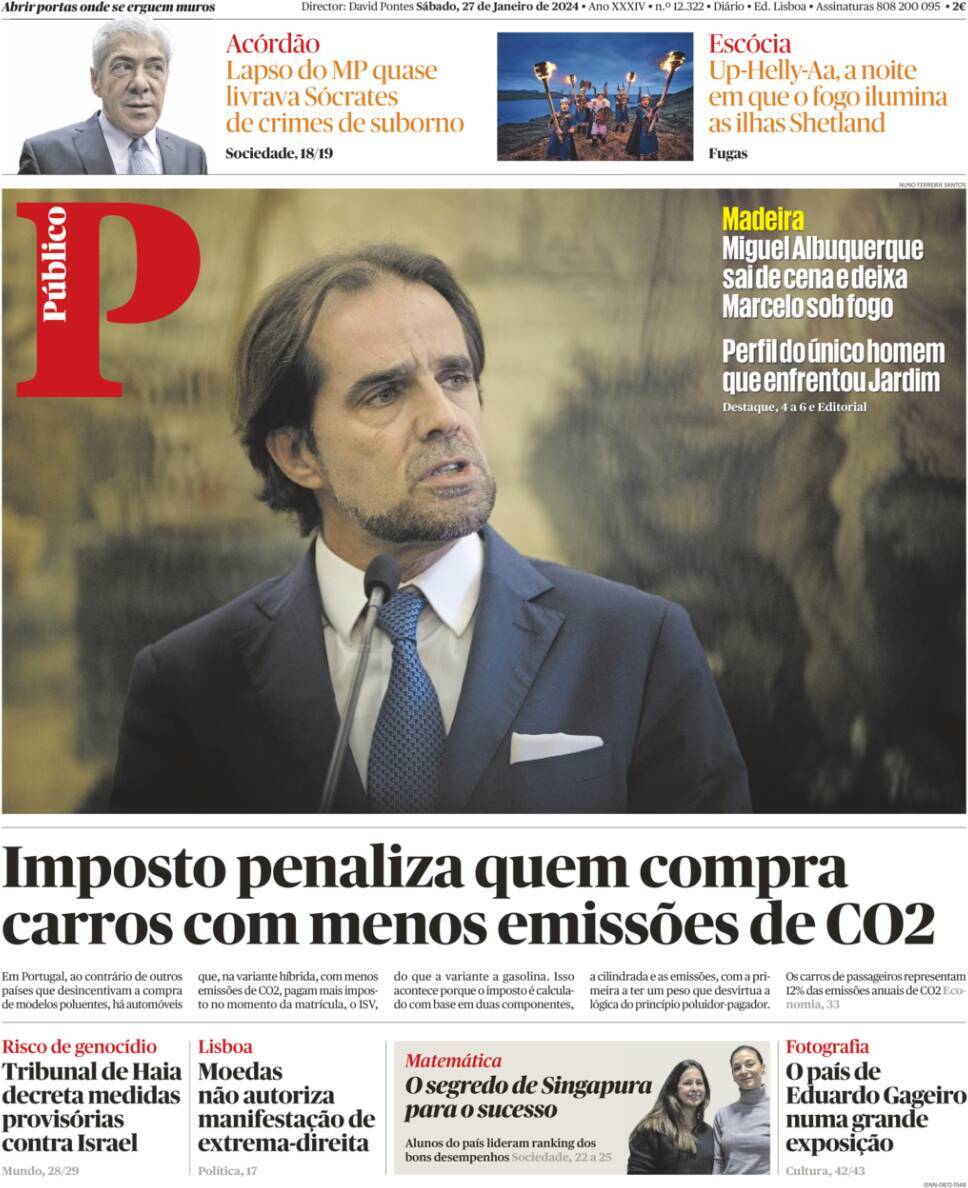 P&uacute;blico: Capa da Edi&ccedil;&atilde;o de s&aacute;bado, 27 de janeiro 2024