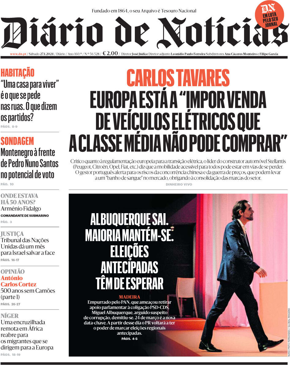 Di&aacute;rio de Not&iacute;cias: Capa da Edi&ccedil;&atilde;o de s&aacute;bado, 27 de janeiro 2024