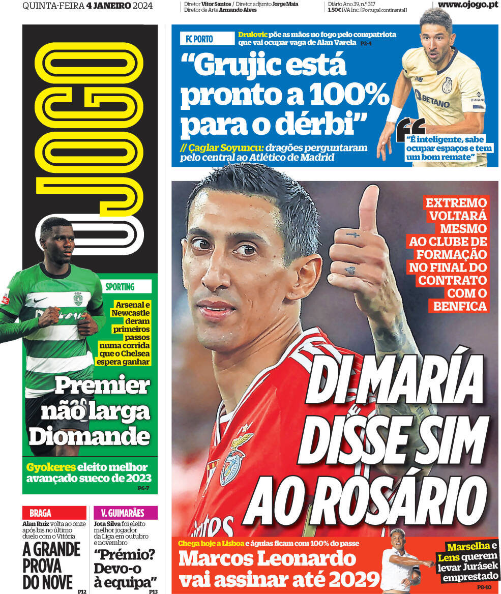 O Jogo: Capa da Edi&ccedil;&atilde;o de quinta-feira, 04 de janeiro 2024