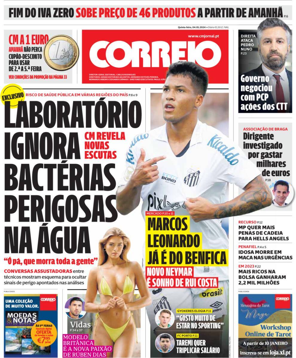 Correio da Manh&atilde;: Capa da Edi&ccedil;&atilde;o de quinta-feira, 04 de janeiro 2024