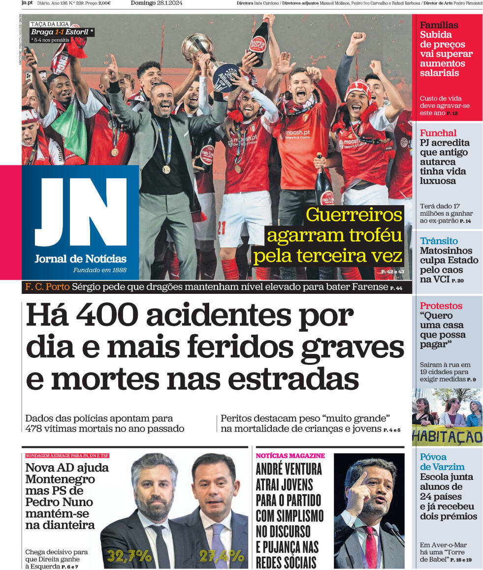 Jornal de Not&iacute;cias: Capa da Edi&ccedil;&atilde;o de domingo, 28 de janeiro 2024