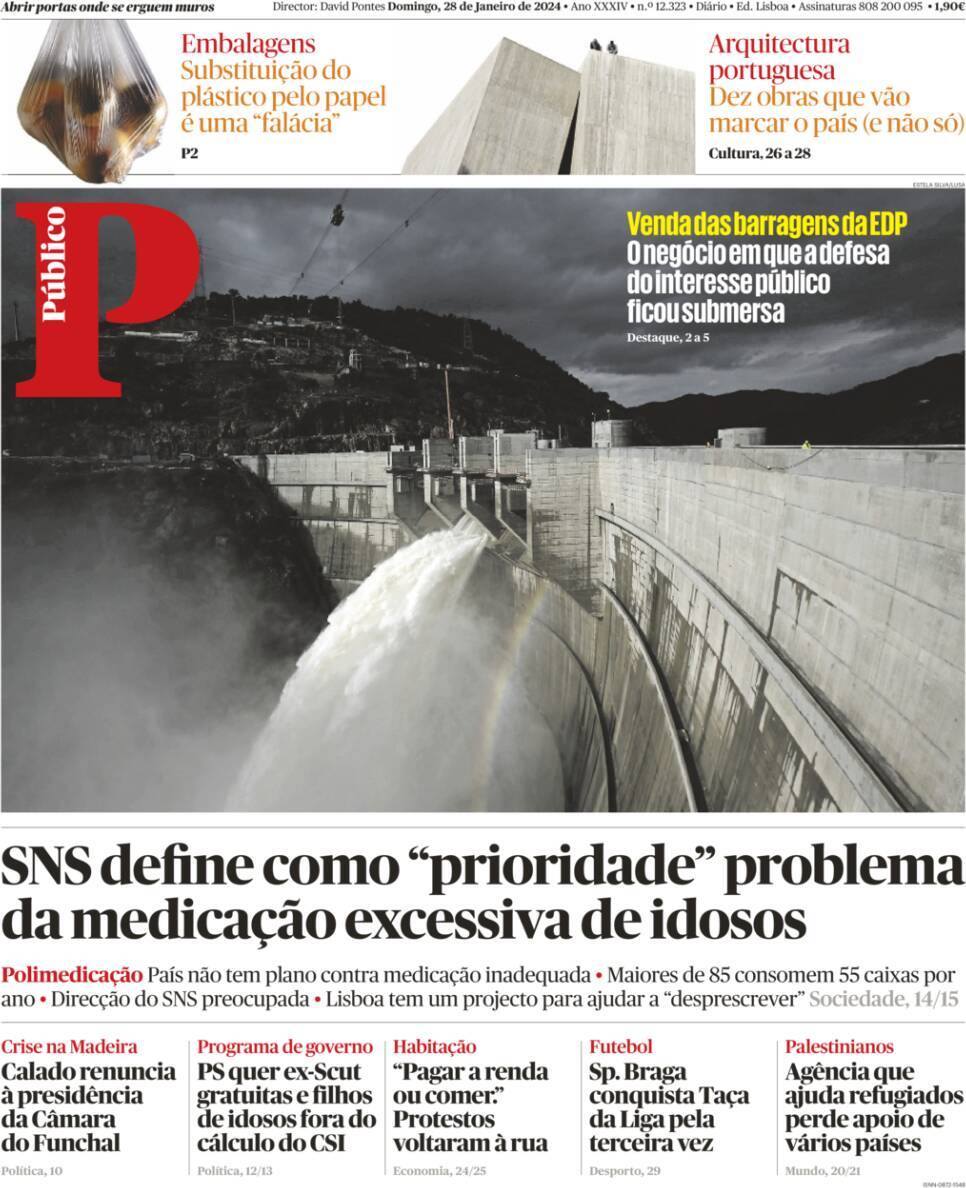 P&uacute;blico: Capa da Edi&ccedil;&atilde;o de domingo, 28 de janeiro 2024
