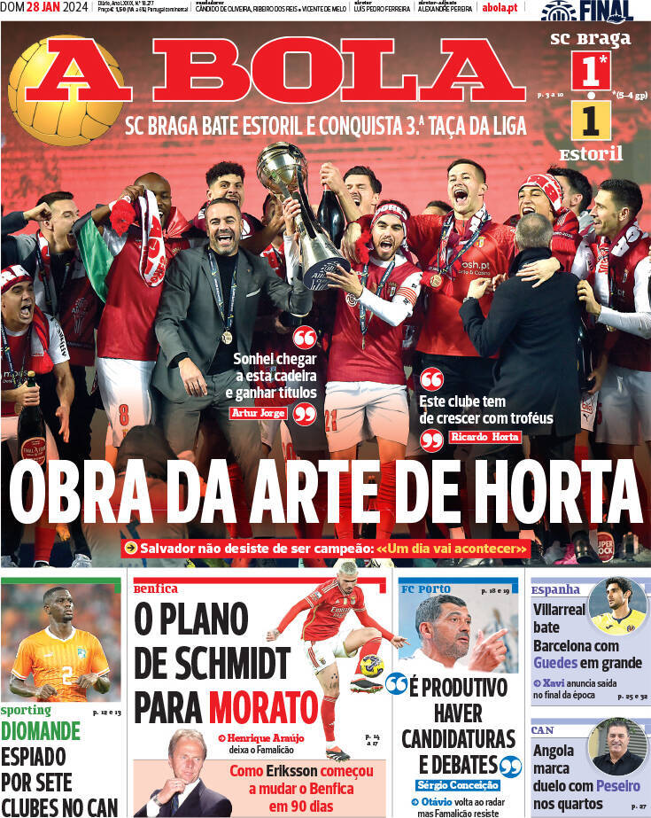 A Bola: Capa da Edi&ccedil;&atilde;o de domingo, 28 de janeiro 2024