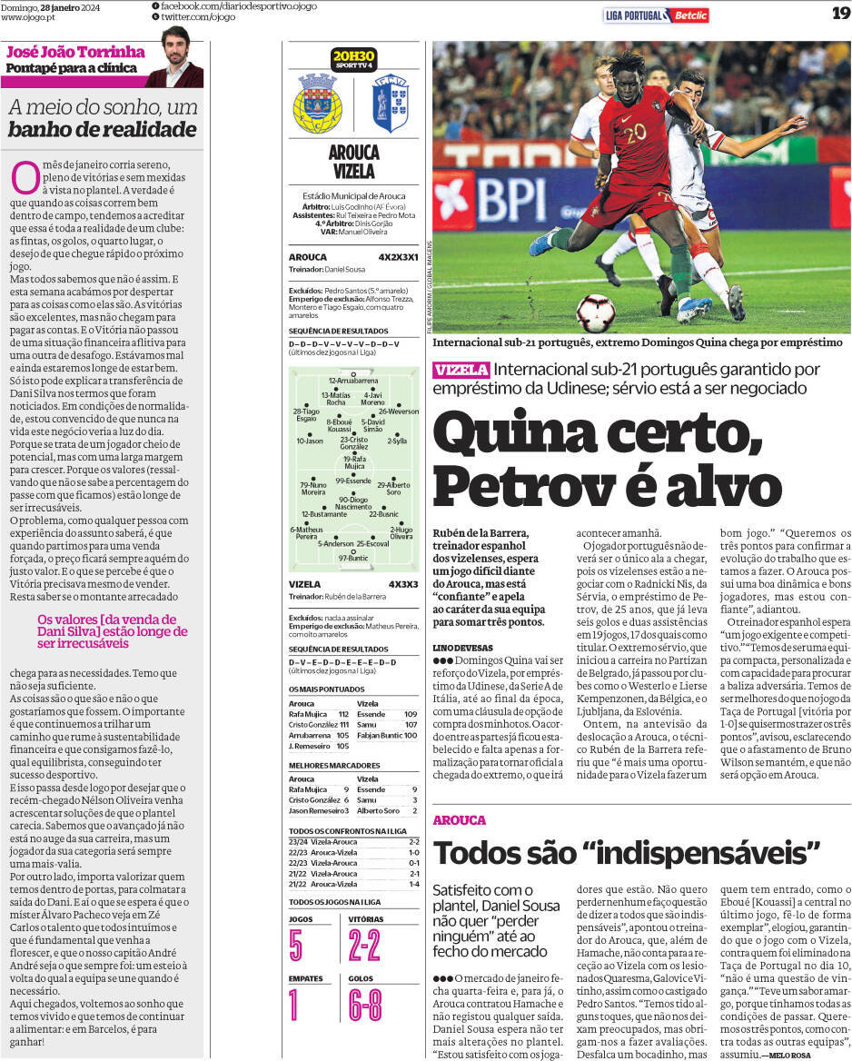 O Jogo: Capa da Edi&ccedil;&atilde;o de domingo, 28 de janeiro 2024