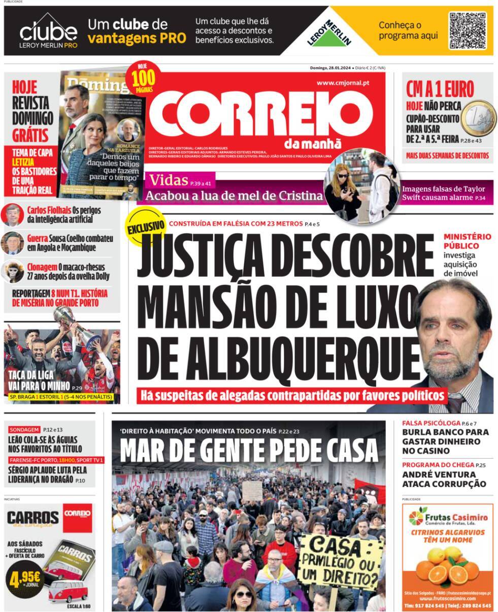 Correio da Manh&atilde;: Capa da Edi&ccedil;&atilde;o de domingo, 28 de janeiro 2024
