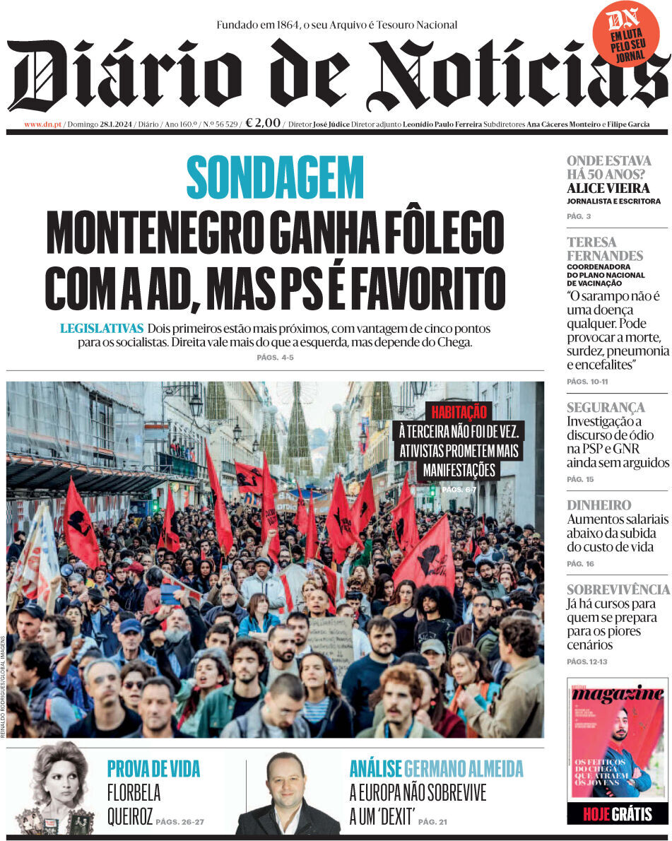 Di&aacute;rio de Not&iacute;cias: Capa da Edi&ccedil;&atilde;o de domingo, 28 de janeiro 2024