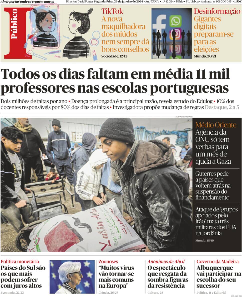 P&uacute;blico: Capa da Edi&ccedil;&atilde;o de segunda-feira, 29 de janeiro 2024