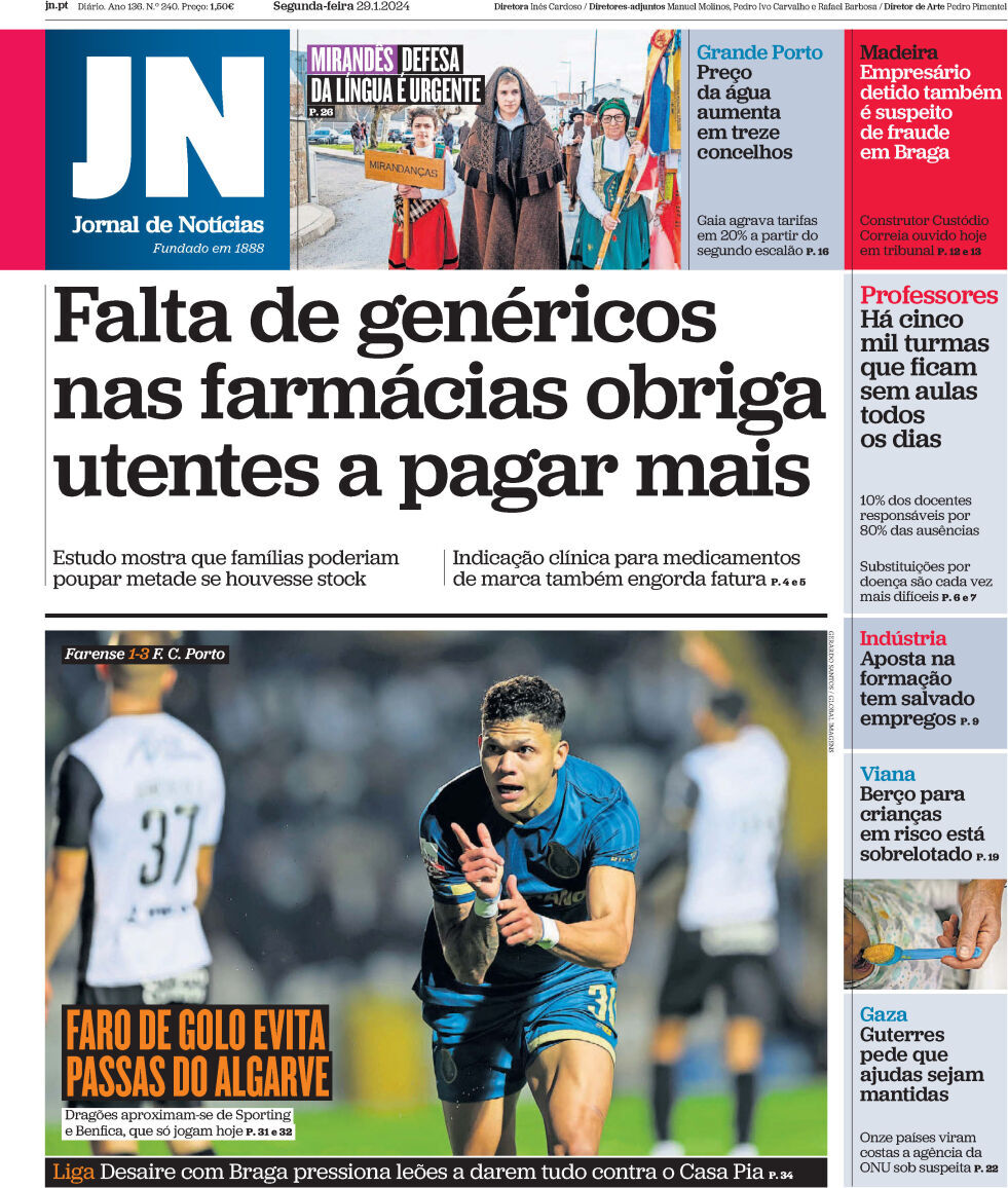 Jornal de Not&iacute;cias: Capa da Edi&ccedil;&atilde;o de segunda-feira, 29 de janeiro 2024