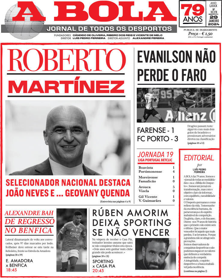 A Bola: Capa da Edi&ccedil;&atilde;o de segunda-feira, 29 de janeiro 2024