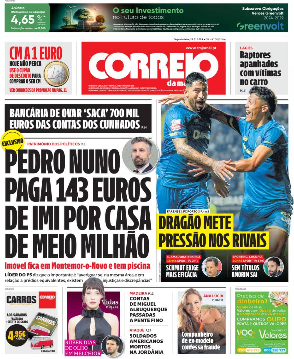 Correio da Manh&atilde;: Capa da Edi&ccedil;&atilde;o de segunda-feira, 29 de janeiro 2024