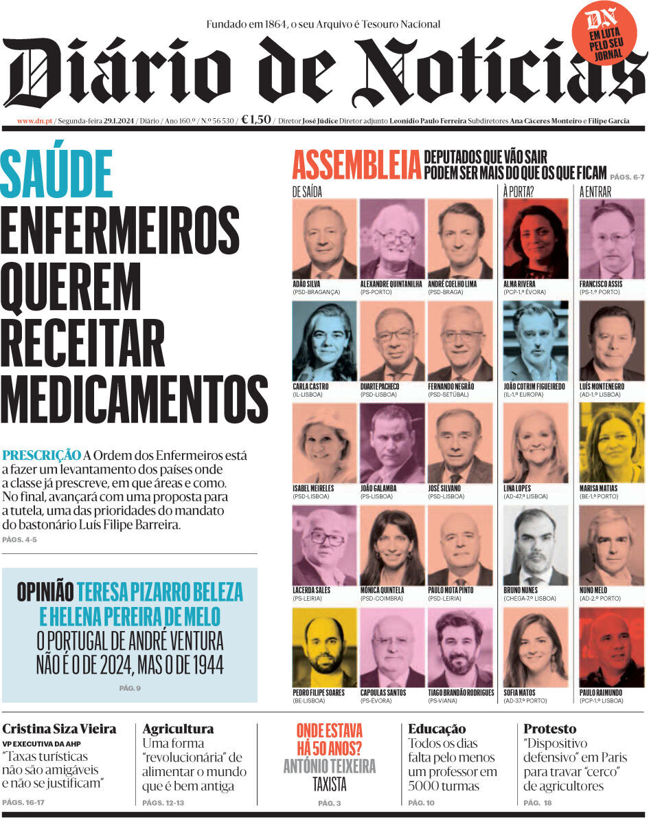 Di&aacute;rio de Not&iacute;cias: Capa da Edi&ccedil;&atilde;o de segunda-feira, 29 de janeiro 2024
