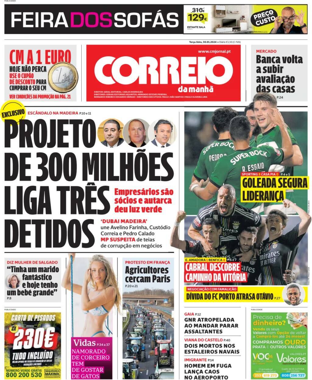 Correio da Manh&atilde;: Capa da Edi&ccedil;&atilde;o de ter&ccedil;a-feira, 30 de janeiro 2024