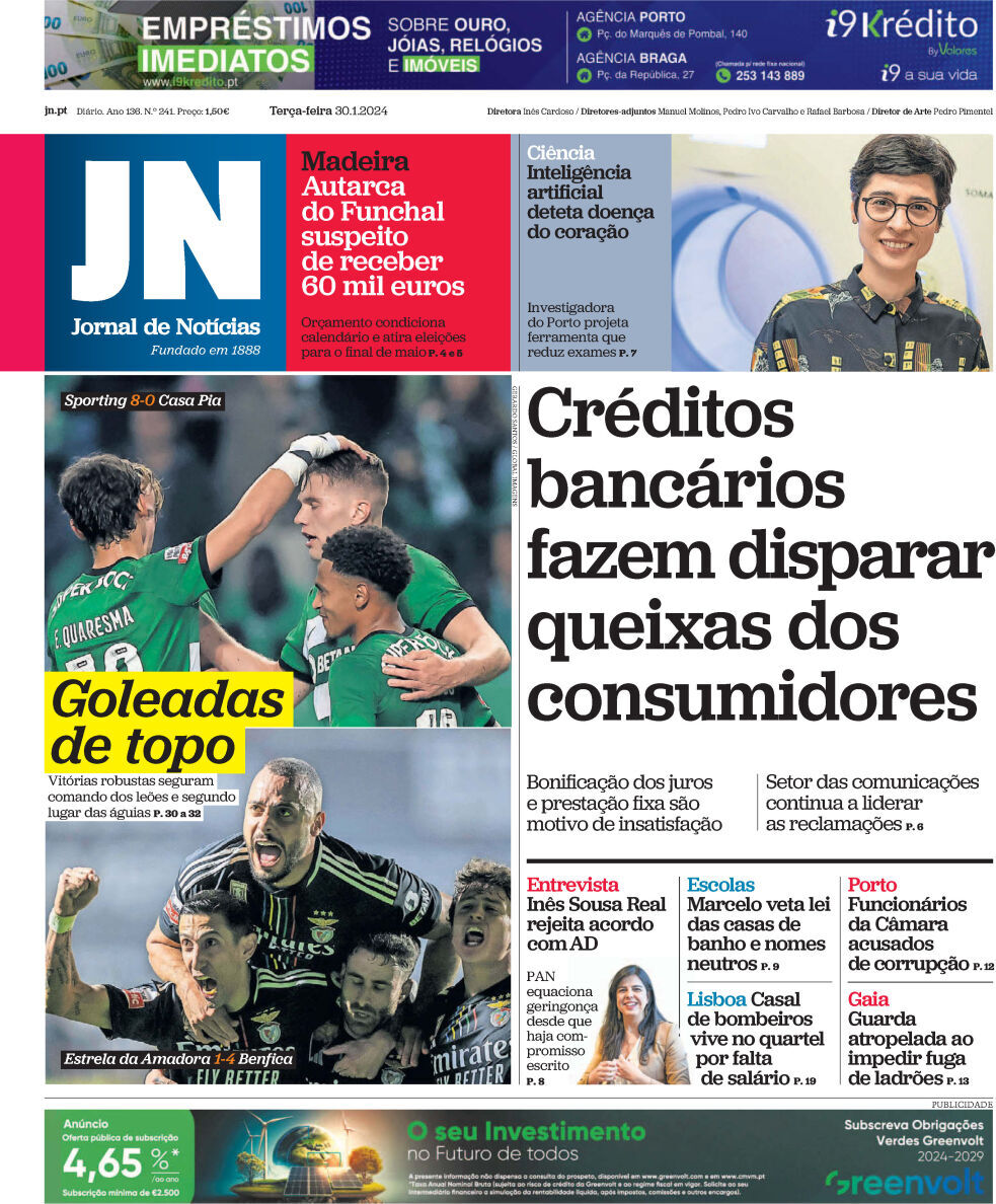 Jornal de Not&iacute;cias: Capa da Edi&ccedil;&atilde;o de ter&ccedil;a-feira, 30 de janeiro 2024