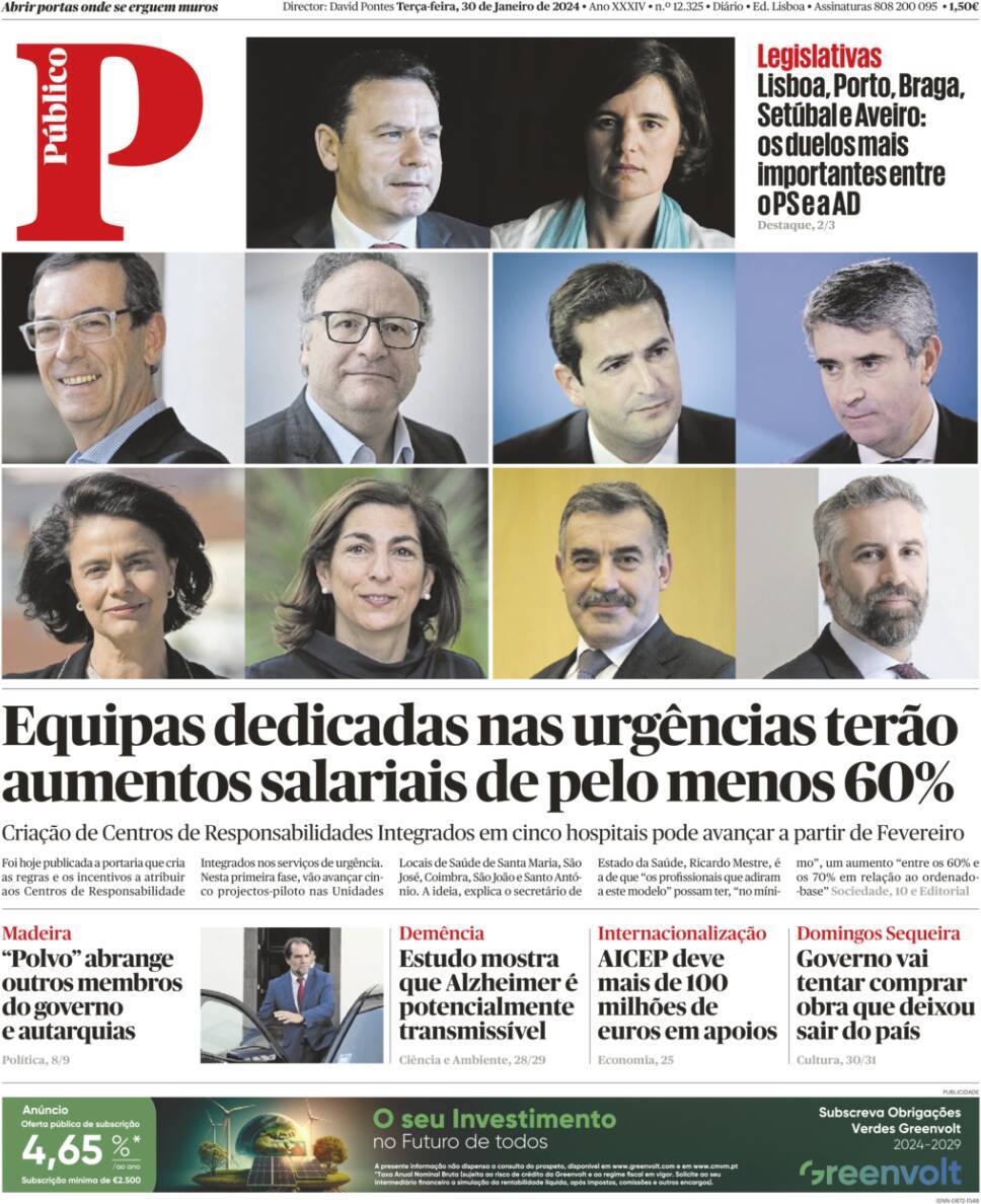 P&uacute;blico: Capa da Edi&ccedil;&atilde;o de ter&ccedil;a-feira, 30 de janeiro 2024