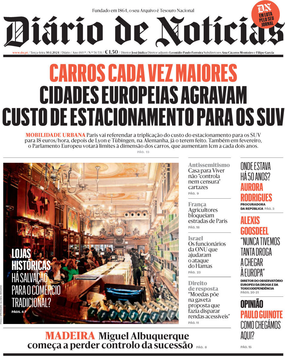 Di&aacute;rio de Not&iacute;cias: Capa da Edi&ccedil;&atilde;o de ter&ccedil;a-feira, 30 de janeiro 2024