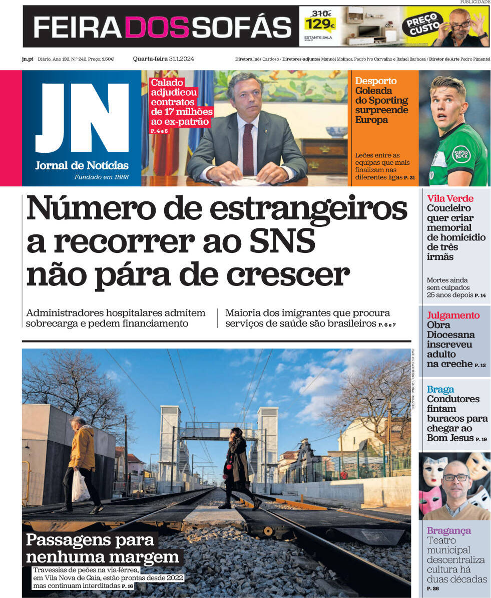 Jornal de Not&iacute;cias: Capa da Edi&ccedil;&atilde;o de quarta-feira, 31 de janeiro 2024