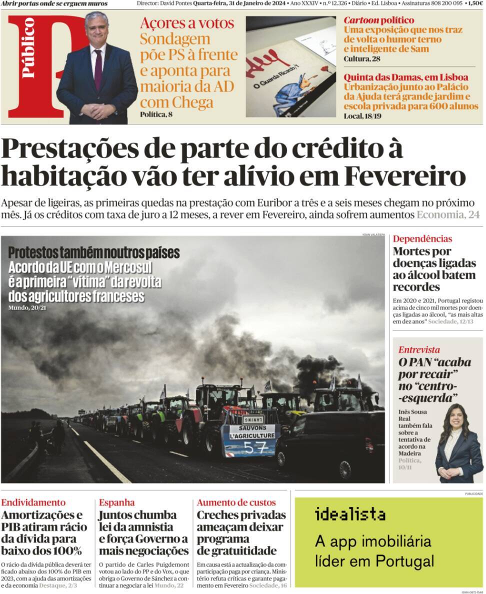 P&uacute;blico: Capa da Edi&ccedil;&atilde;o de quarta-feira, 31 de janeiro 2024